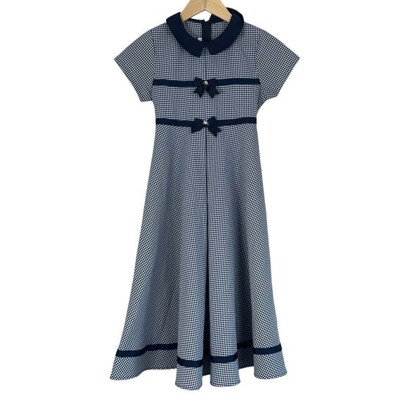 Bonnie Jean Dress Girls 10 Blue White Gignham Peter Pan Collar Bow Preppy Retro - Picture 1 of 4